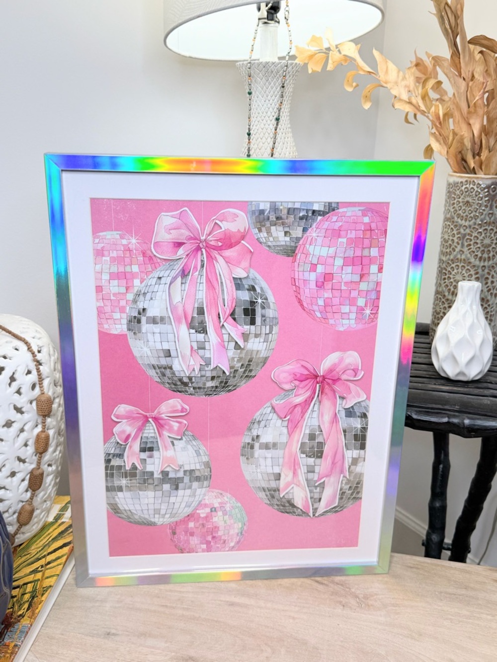 Coquette Pink Disco Ball Wall Art Framed 16x20 Y2K Glam Bow Aesthetic Decor